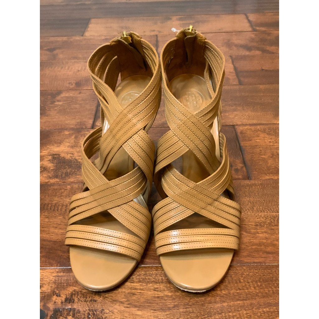 Tory Burch Liv Brown Cage Strappy Leather Heel Sandals, Size 11